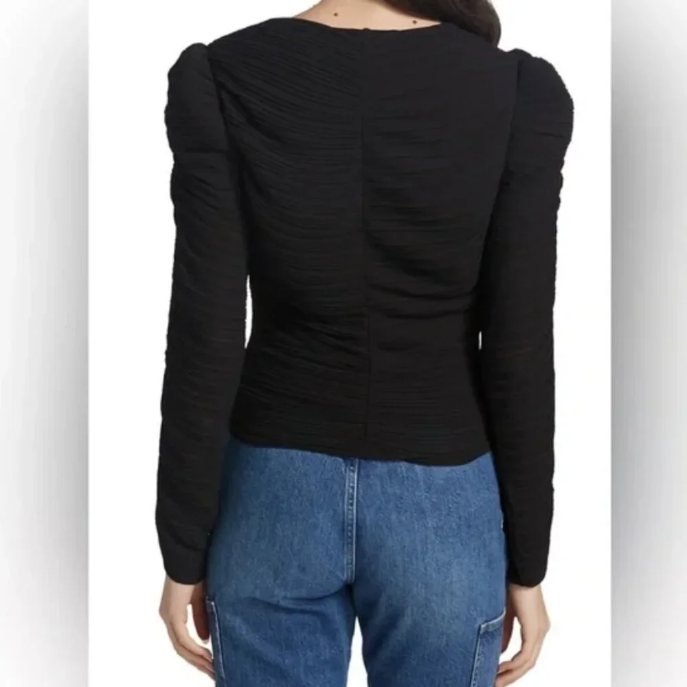FRAME (NWT) Gathered Keyhole Tie Neck Top, Plissé-Crepe, Size L